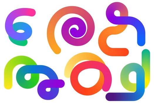 Vibrant gradient loops and spirals form abstract shapes on white. Ideal for modern branding, web graphics, UI accents, posters, and creative design projects. vector