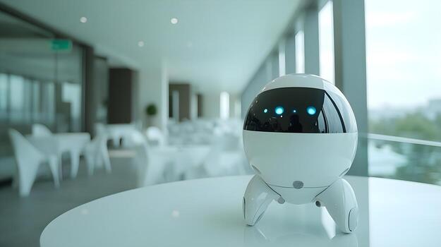 A sleek, modern robot on a table in a contemporary setting, showcasing innovation and technology in design and functionality. photo