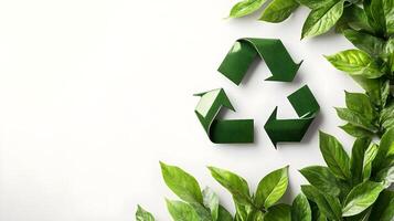 verde reciclaje símbolo rodeado por Fresco hojas, representando Respetuoso del medio ambiente practicas y ambiental sostenibilidad. foto
