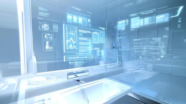 Futuristic digital interface in a modern workspace, showcasing advanced technology and sleek design elements for innovation. photo