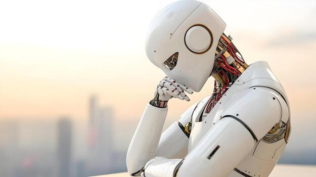 A contemplative robot with intricate details, resting against a serene backdrop, symbolizing technology and introspection. photo