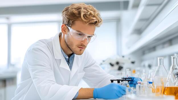 A focused scientist conducts an experiment in a laboratory, analyzing samples with precision and care using modern equipment. photo