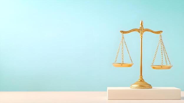 A golden scale on a white base against a soft blue background, symbolizing justice and equality in a minimalist design. photo