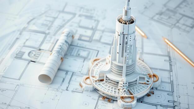 Intricate mechanical blueprint of futuristic skyscraper with detailed gears and components, mechanical blueprint, futuristic building design photo