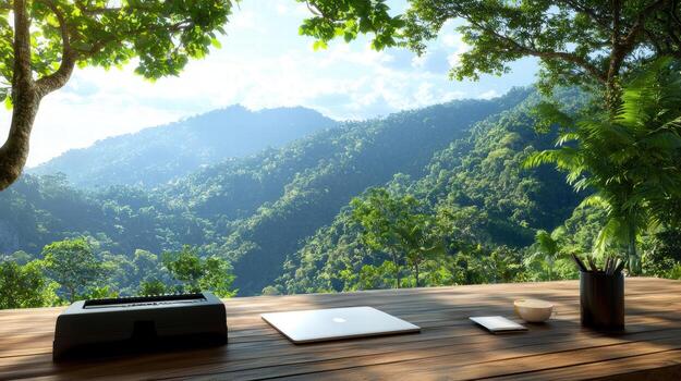 remote work setup with view of nature, promoting relaxation and focus photo