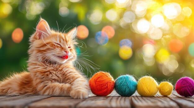 gato jugando con vistoso hilo pelotas en soleado jardín ajuste foto