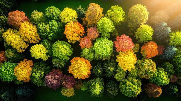 Aerial view of colorful autumn landscape with vibrant trees and foliage photo