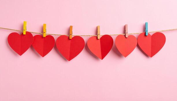Charming display of red paper hearts hanging on string, showcasing love and affection against soft pink background. This vibrant decoration adds playful touch to any romantic setting photo