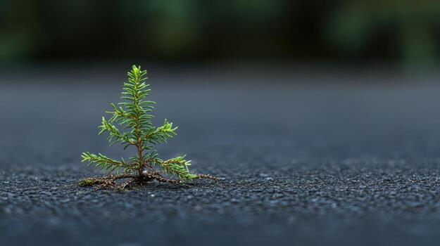 Small evergreen tree grows from asphalt in an urban area during daylight photo