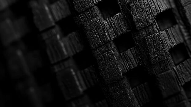 Detailed view of textured black material showcasing intricate woven patterns and shadows in low light photo