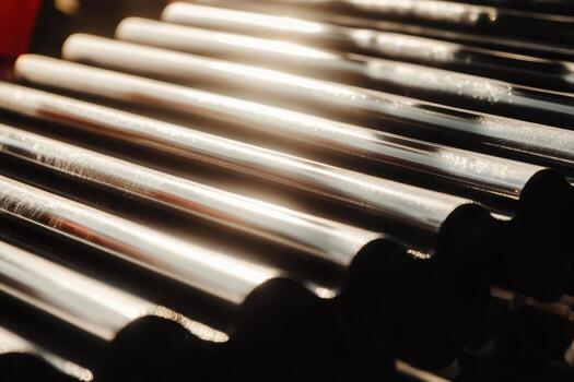 Shiny metallic pipes arranged in a row reflecting sunlight in an industrial setting photo
