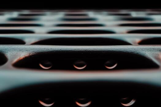 Close-up view of abstract surface with curved patterns and reflections in low light photo