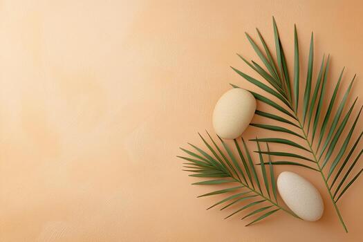 Lightly colored eggs resting on palm leaves against a warm backdrop during spring celebration photo