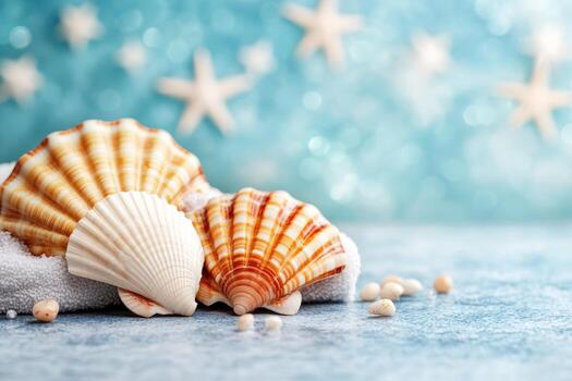 Beautiful seashells arranged on a textured surface with a shimmering blue background photo