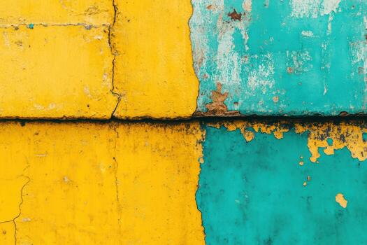 Colorful weathered wall featuring turquoise and yellow patterns in urban setting photo