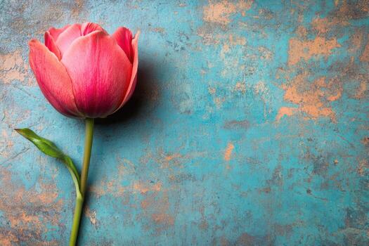 Bright pink tulip on textured teal surface with rustic background nearing spring bloom photo