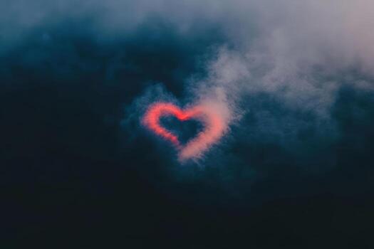 Heart shape formed by colorful smoke in a twilight sky above a serene landscape photo