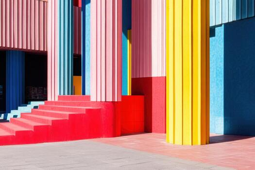 Vibrant architectural columns and colorful steps in a lively urban setting during daylight photo