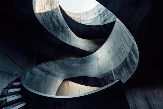 Curved concrete staircase spiraling up towards a bright open sky photo