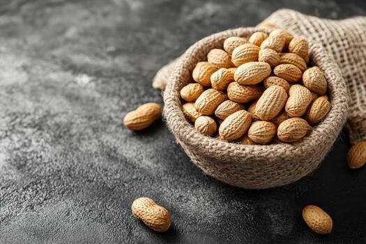Peanuts in a burlap bowl on a textured dark background ready for snacking photo