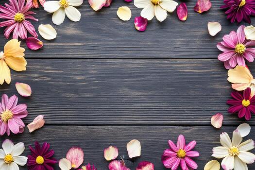 Floral arrangement with colorful petals on a rustic wooden table photo
