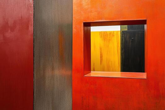 Bold abstract wall display featuring a vibrant window framed in contrasting colors photo