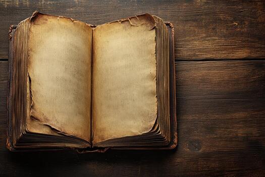 Antique book resting on wooden table showcasing vintage pages in a serene setting photo