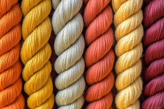 Vibrant skeins of yarn showcasing a range of warm colors for crafting projects photo