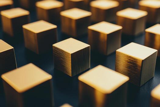 dorado cubitos arreglado en un preciso modelo en un oscuro superficie debajo suave Encendiendo foto