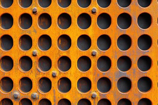Rusty metal grid with circular holes showcasing texture and decay in industrial setting photo