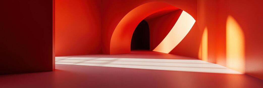 Vibrant red interior with arches and soft light patterns in a modern architectural space photo