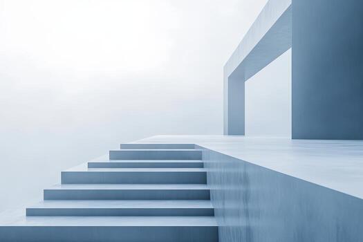 Modern abstract architecture features minimalist blue stairs in a foggy setting photo