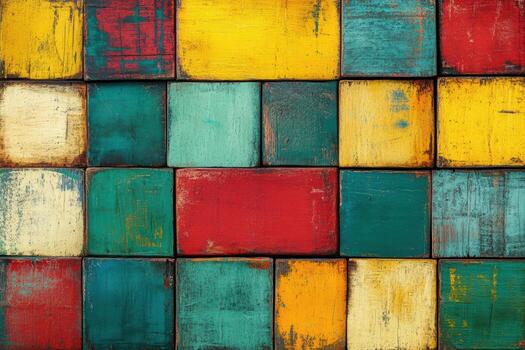 vistoso resumen de madera bloques arreglado en un vibrante modelo en un plano superficie foto