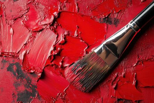 Brush applying vibrant red paint on textured canvas with black undertones photo