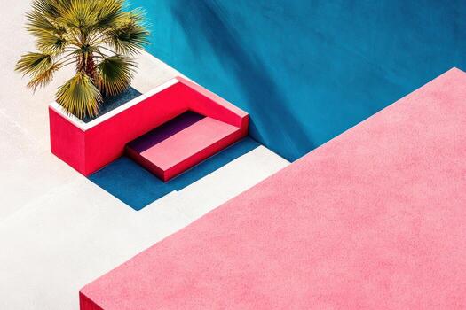 vistoso geométrico composición presentando un palma árbol y vibrante estructuras en un soleado ubicación foto