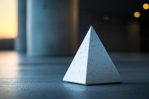 Geometric pyramid sculpture made of concrete in a modern indoor setting during sunset photo