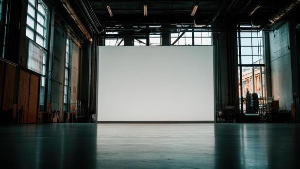 Large empty projection screen in industrial space before an event in the evening light photo