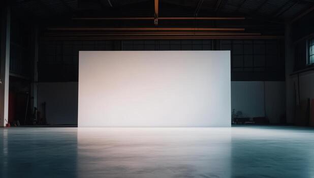 Minimalist art space features empty wall and polished floor in an industrial setting photo