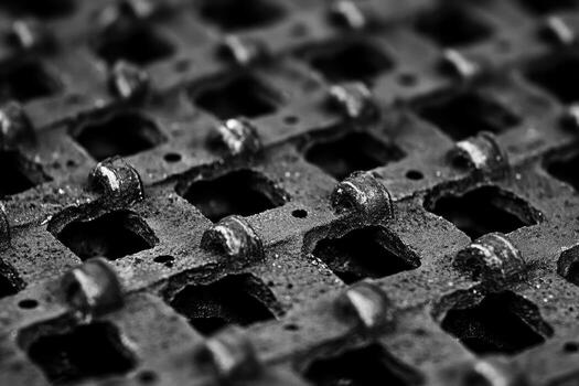 Close view of a textured metal grid showing intricate patterns and weathered surfaces photo