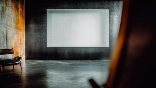 Modern interior space featuring a blank projection screen and stylish furniture photo