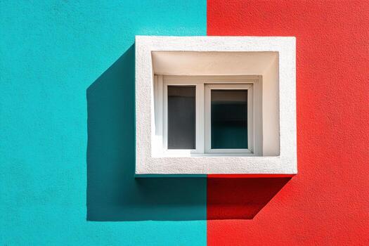 Brightly colored wall with a framed window casting shadows in an urban setting photo