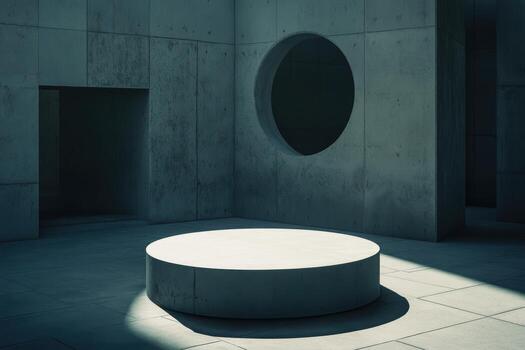 Modern architectural space features circular opening and illuminated platform during daylight photo