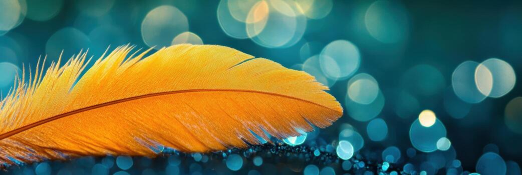 Vivid orange feather rests elegantly on sparkling blue background at twilight photo