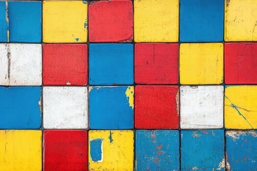 Colorful square tiles create a vibrant pattern on a surface in a playful setting photo
