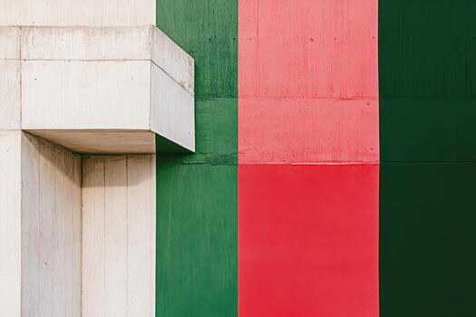 Bold geometric patterns featuring green, red, and concrete influences on urban architecture photo