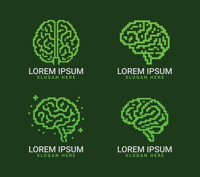 Pixel Brain Logo Set Green 8Bit Intelligence Icons for Digital, Science, and Technology Design vector