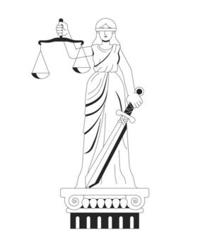 Lady Justice with sword and balance scales line illustration concept. Symbol of law impartiality. Blindfolded fairness statue Justitia outline 2D character isolated. Ink linear metaphor art vector