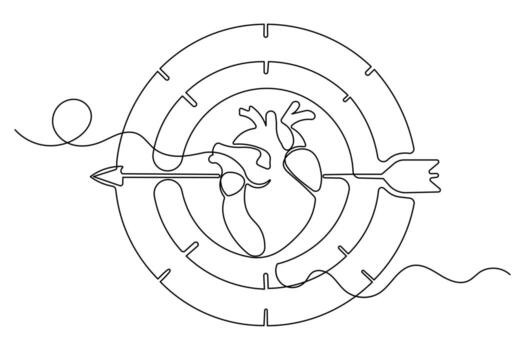 Continuous one line drawing target and arrow in clean minimalist outline art vector