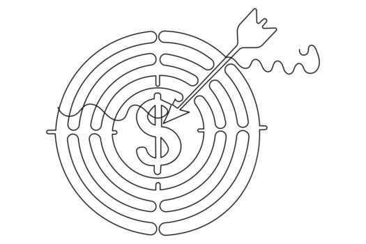uno línea dibujo minimalista objetivo y flecha contorno aislado sencillo diseño vector