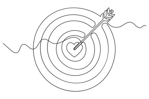 Target with arrow minimalist continuous one line drawing isolated outline sketch vector